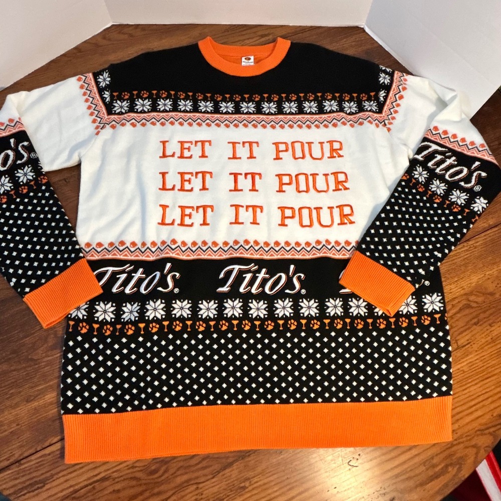Titos Handmade Vodka Let It Pour Ugly‎ Christmas Sweater Mens XXL Orange Black